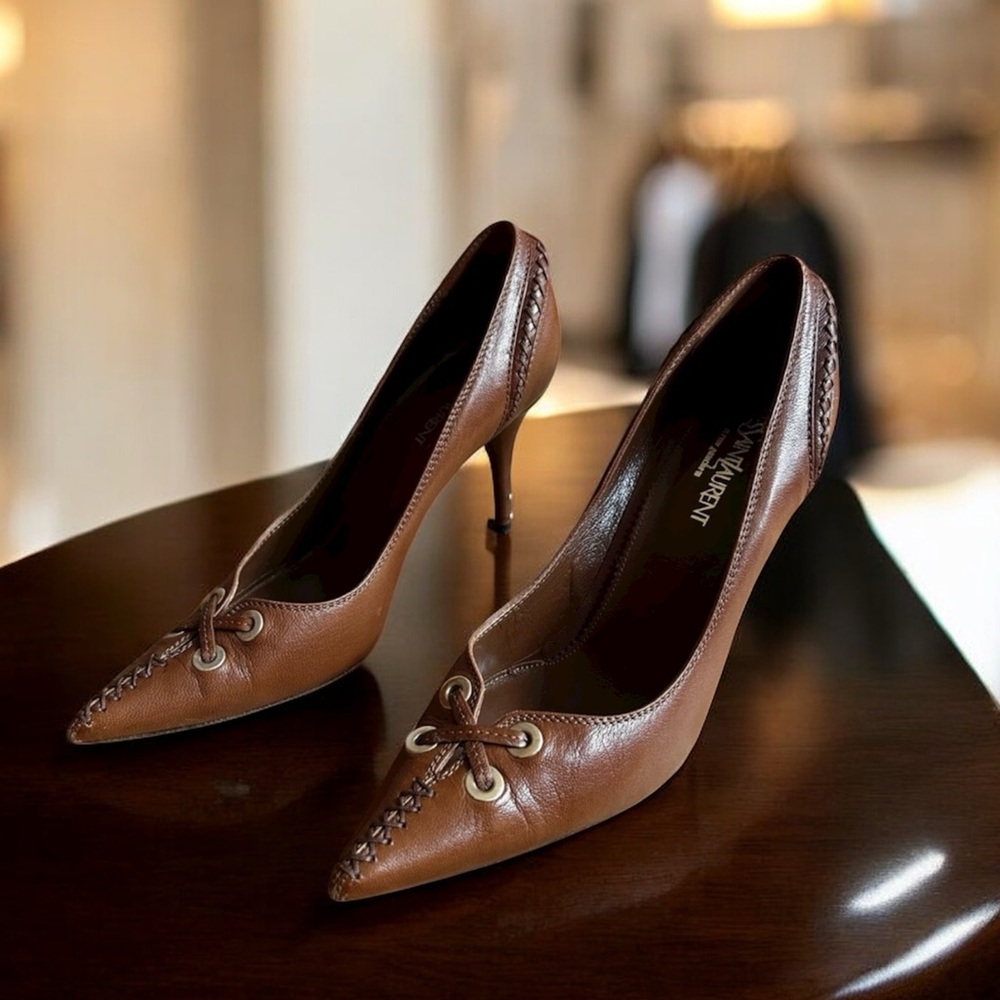 Yves Saint Laurent Cognac Brown Leather Pumps Size 37